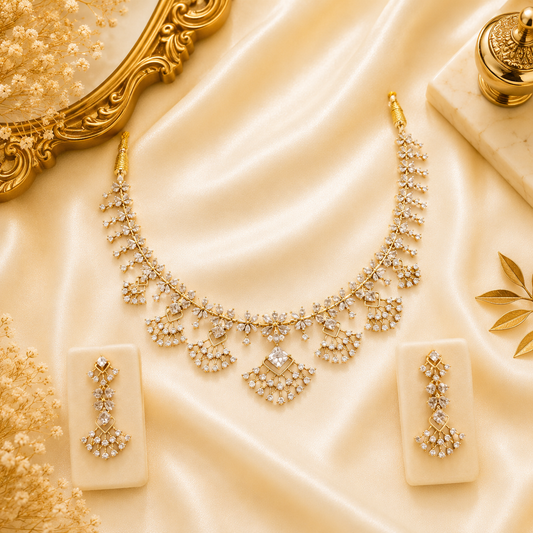 Luxurious Gold And Diamond Flower Jewelry Set