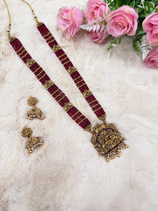 Elegant red beads Gajalakshmi haram with jumka