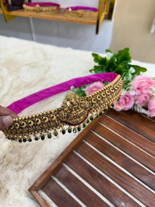 Antique Lakshmi hipbelt with green beads