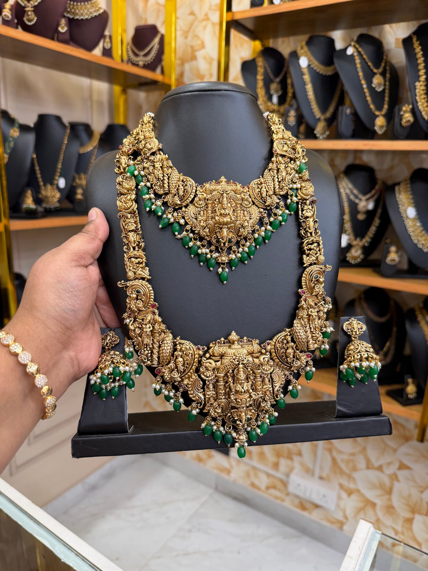 3D Bridal Lakshmi combo set with green beads