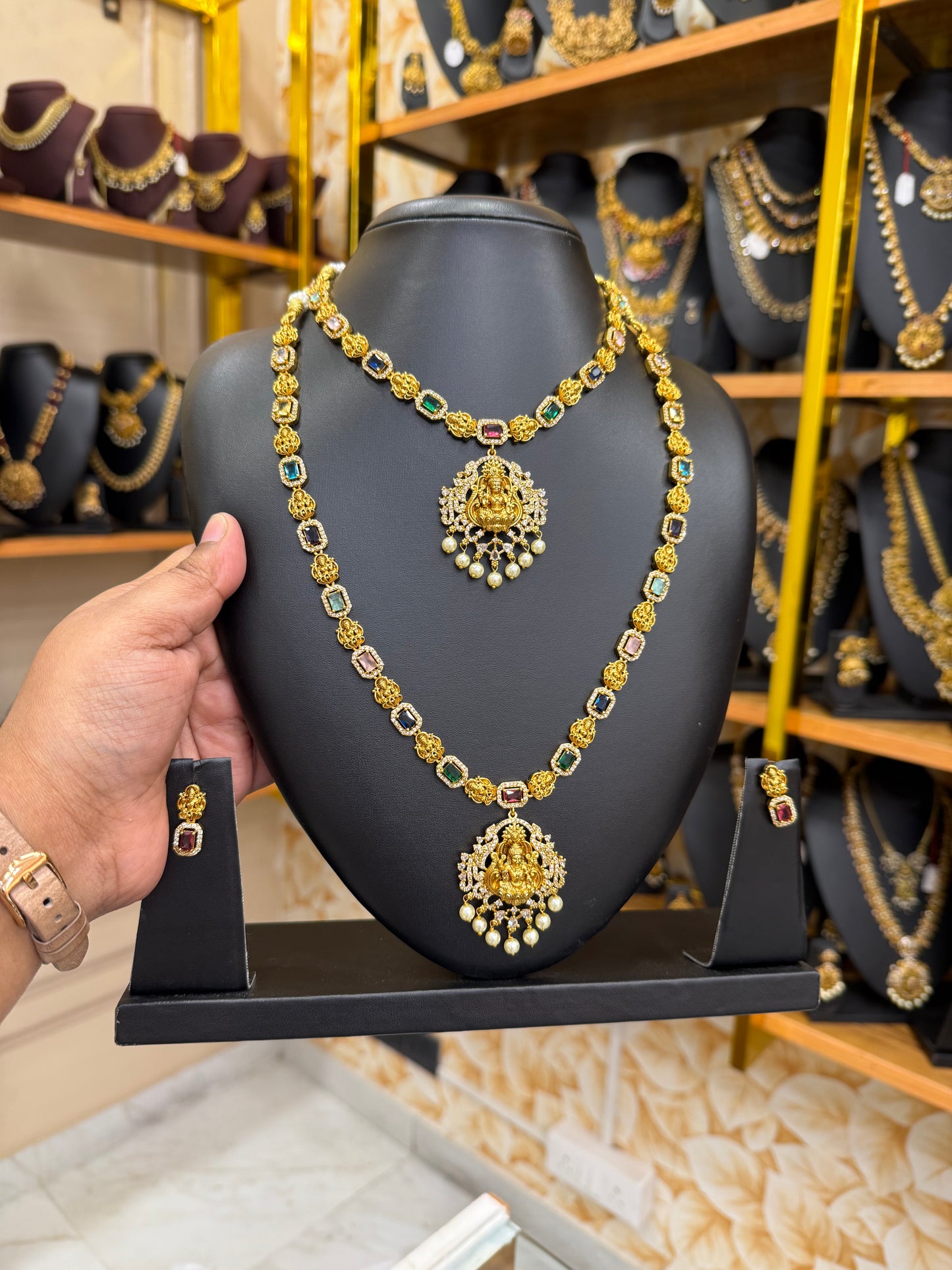 Multicolour Crystal stone combo set with Lakshmi pendant