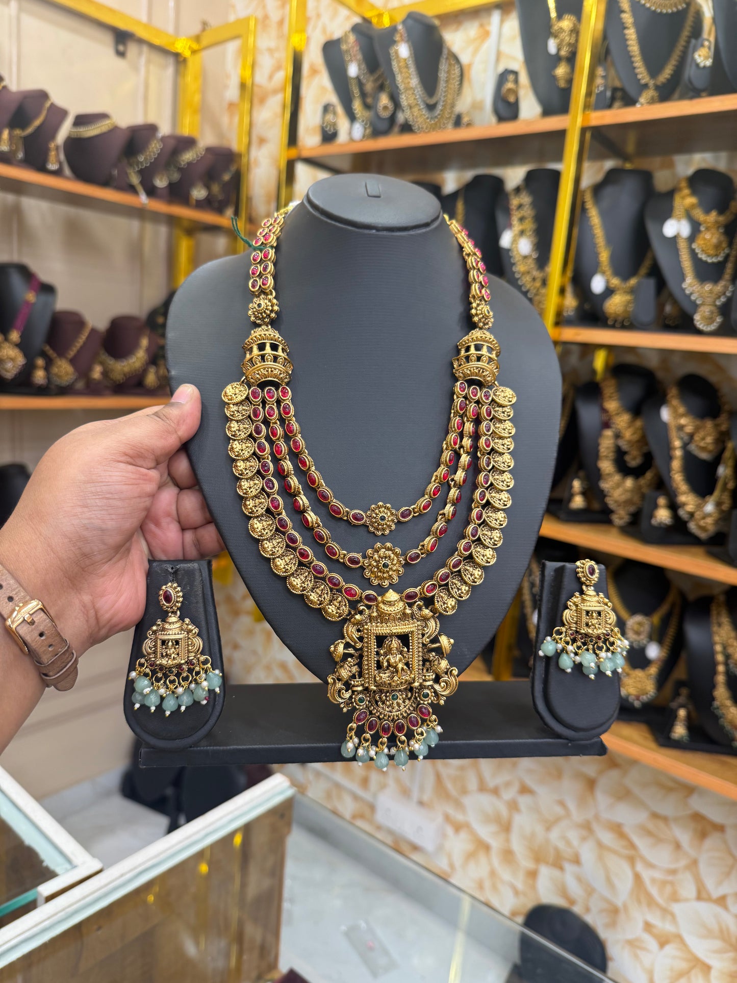 Exclusive 3 Layer antique Lakshmi Haram with pastel green beads