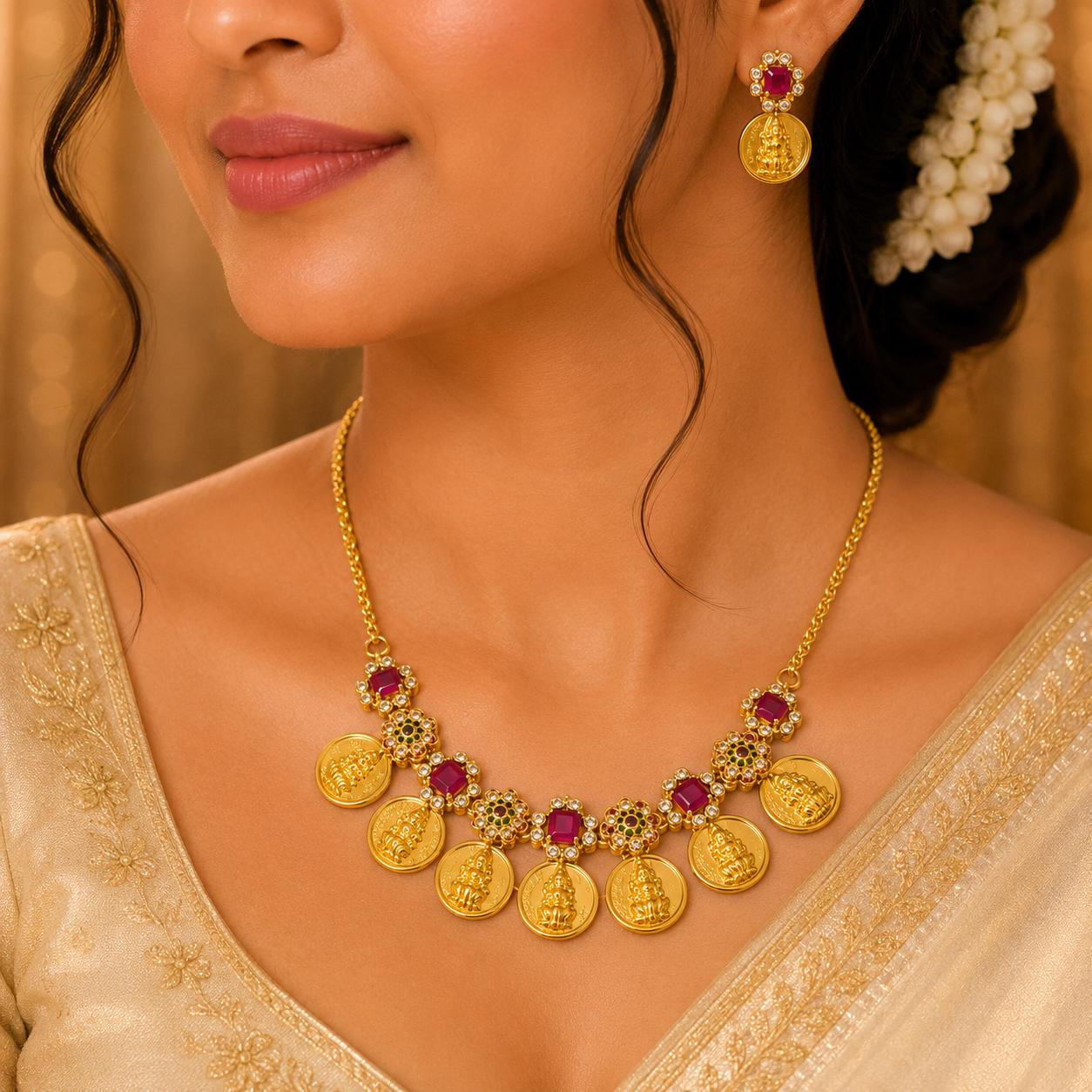 Ruby Majesty Lakshmi Coin Necklace
