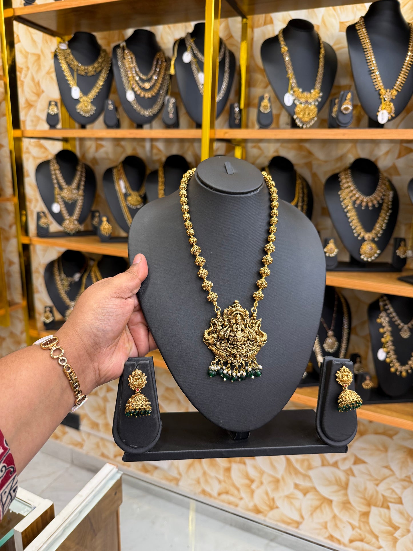3D Lakshmi golden Muthu Mala with green beads
