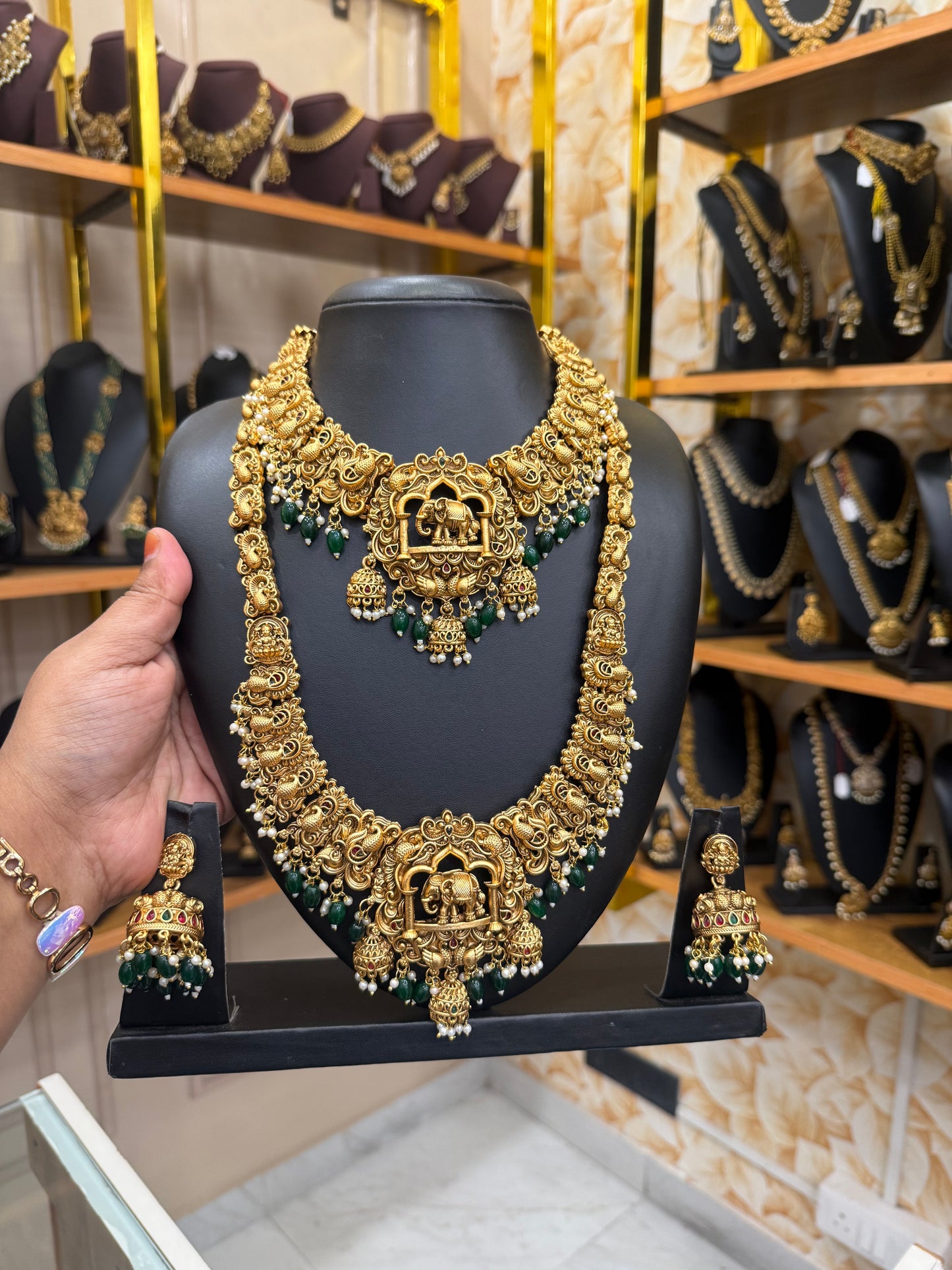 Gorgeous green beads jumka bridal combo set