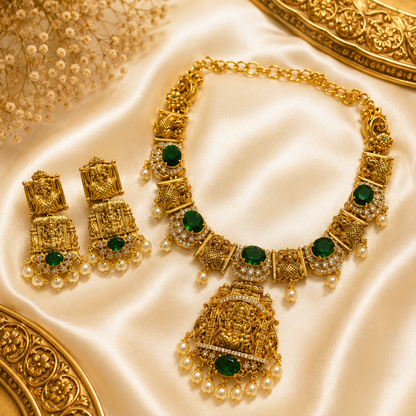 Aaradhya Lakshmi Emerald Stone Necklace