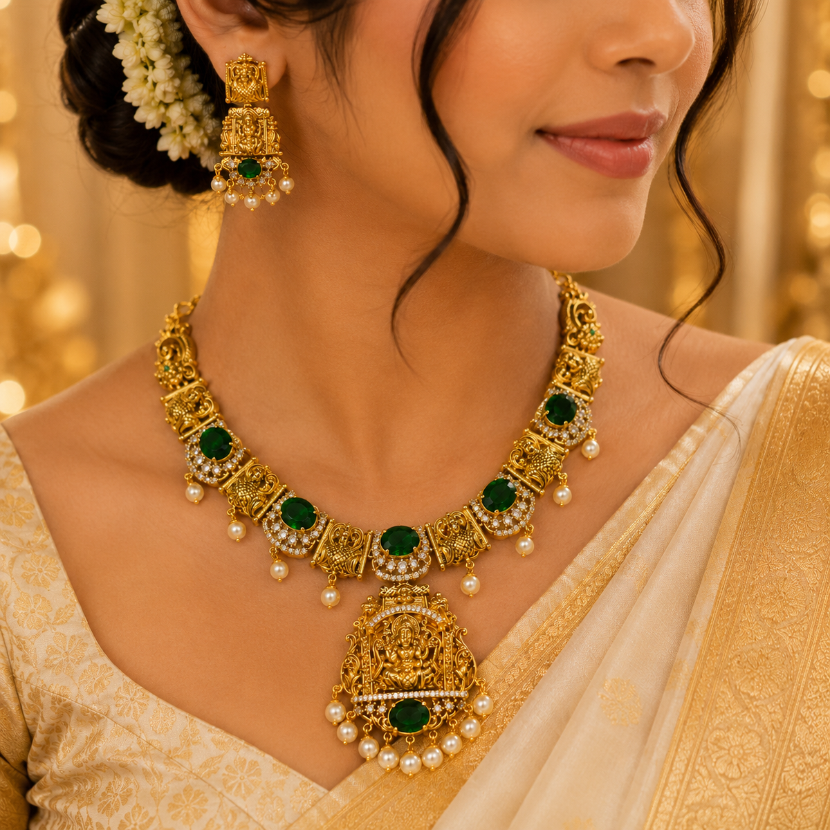 Aaradhya Lakshmi Emerald Stone Necklace