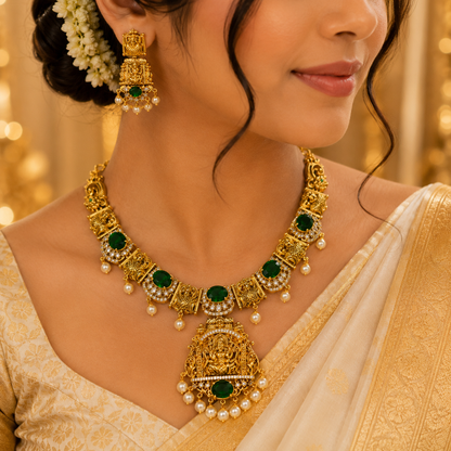 Aaradhya Lakshmi Emerald Stone Necklace