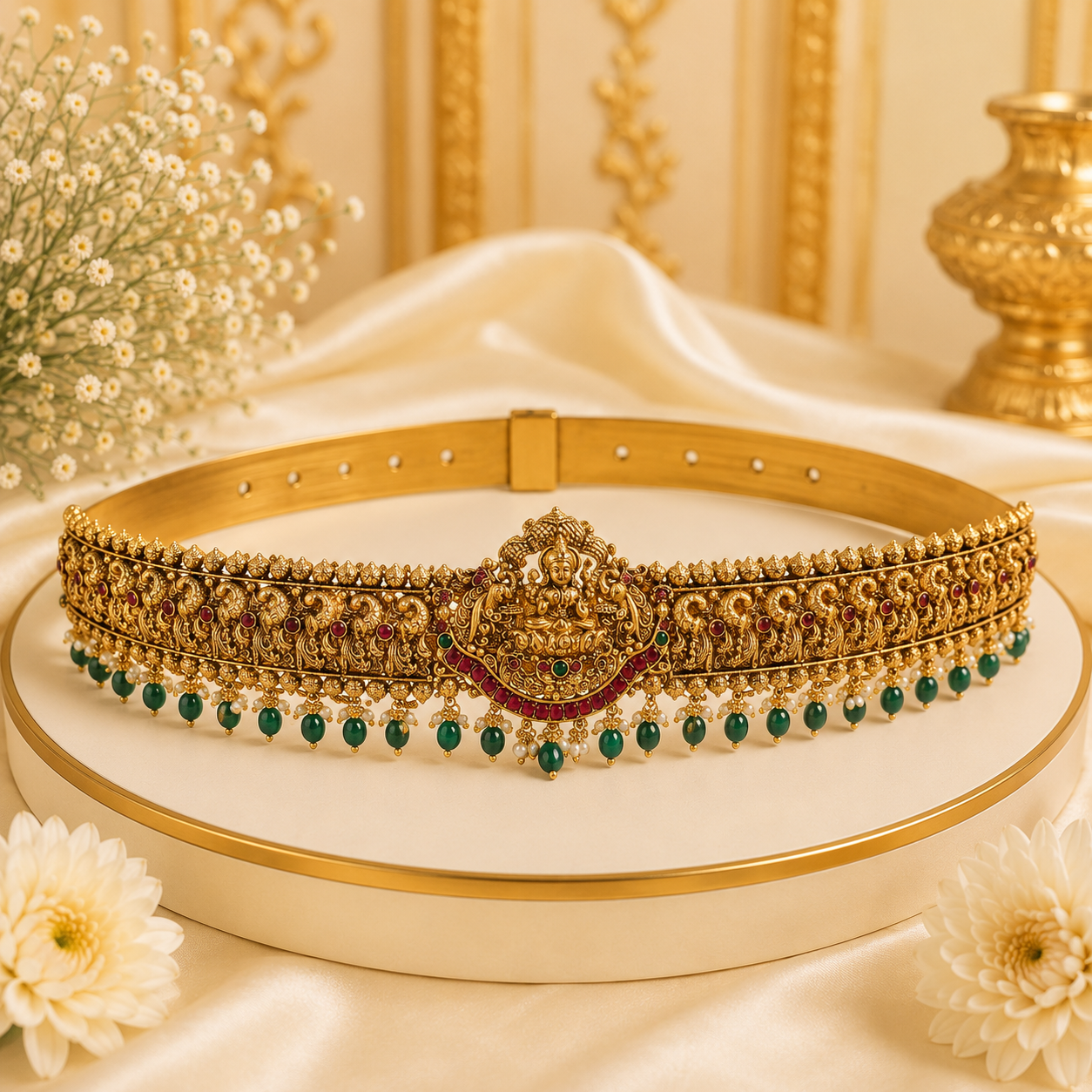 Antique Lakshmi hipbelt with green beads