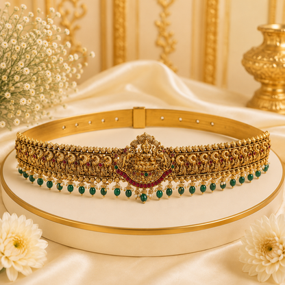 Antique Lakshmi hipbelt with green beads