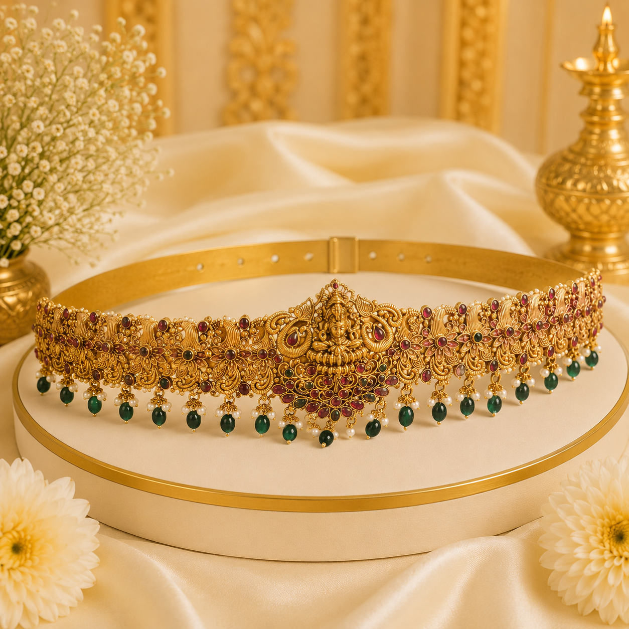 Antique Lakshmi with peacock green beads hipbelt