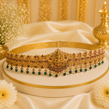 Antique Lakshmi with peacock green beads hipbelt
