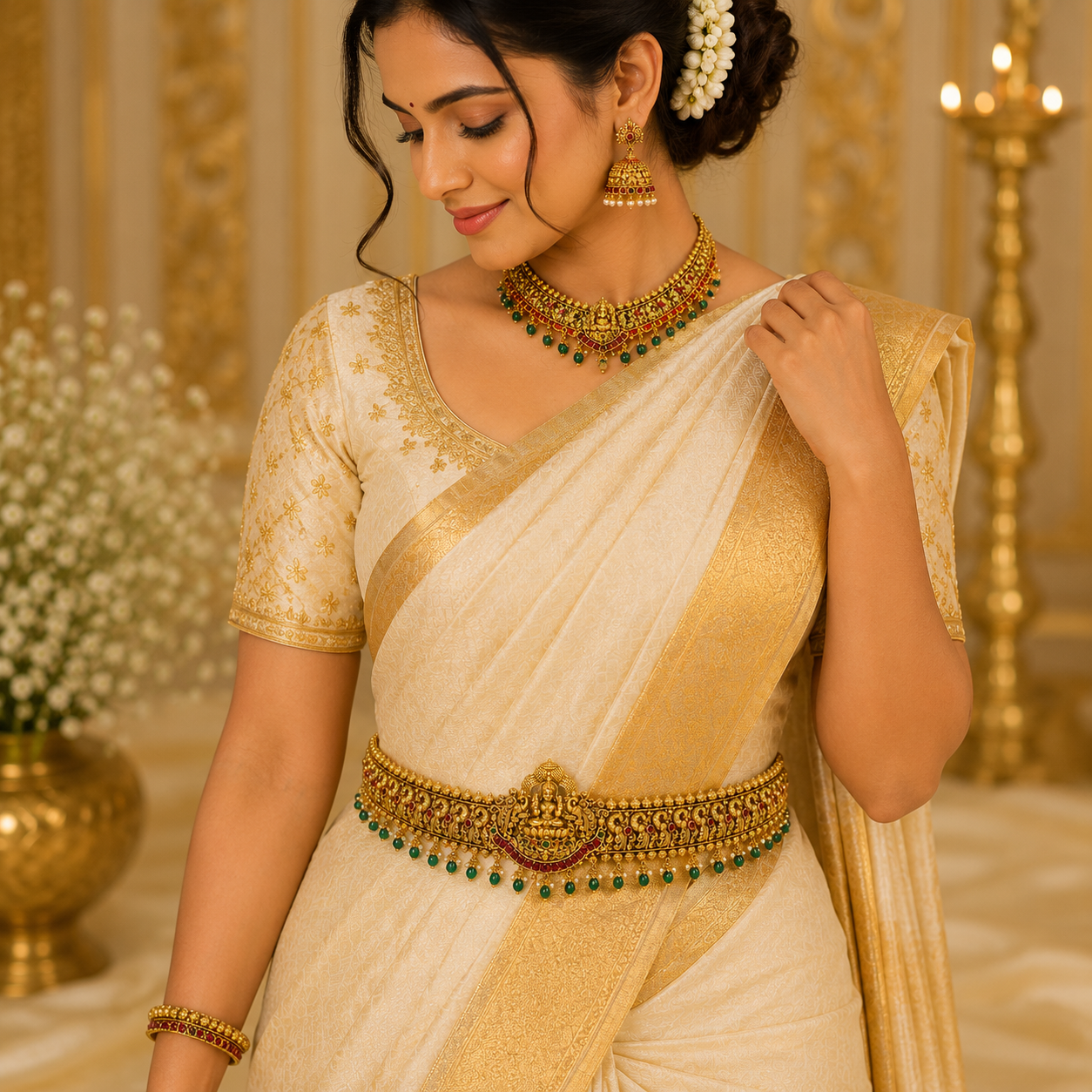 Antique Lakshmi hipbelt with green beads