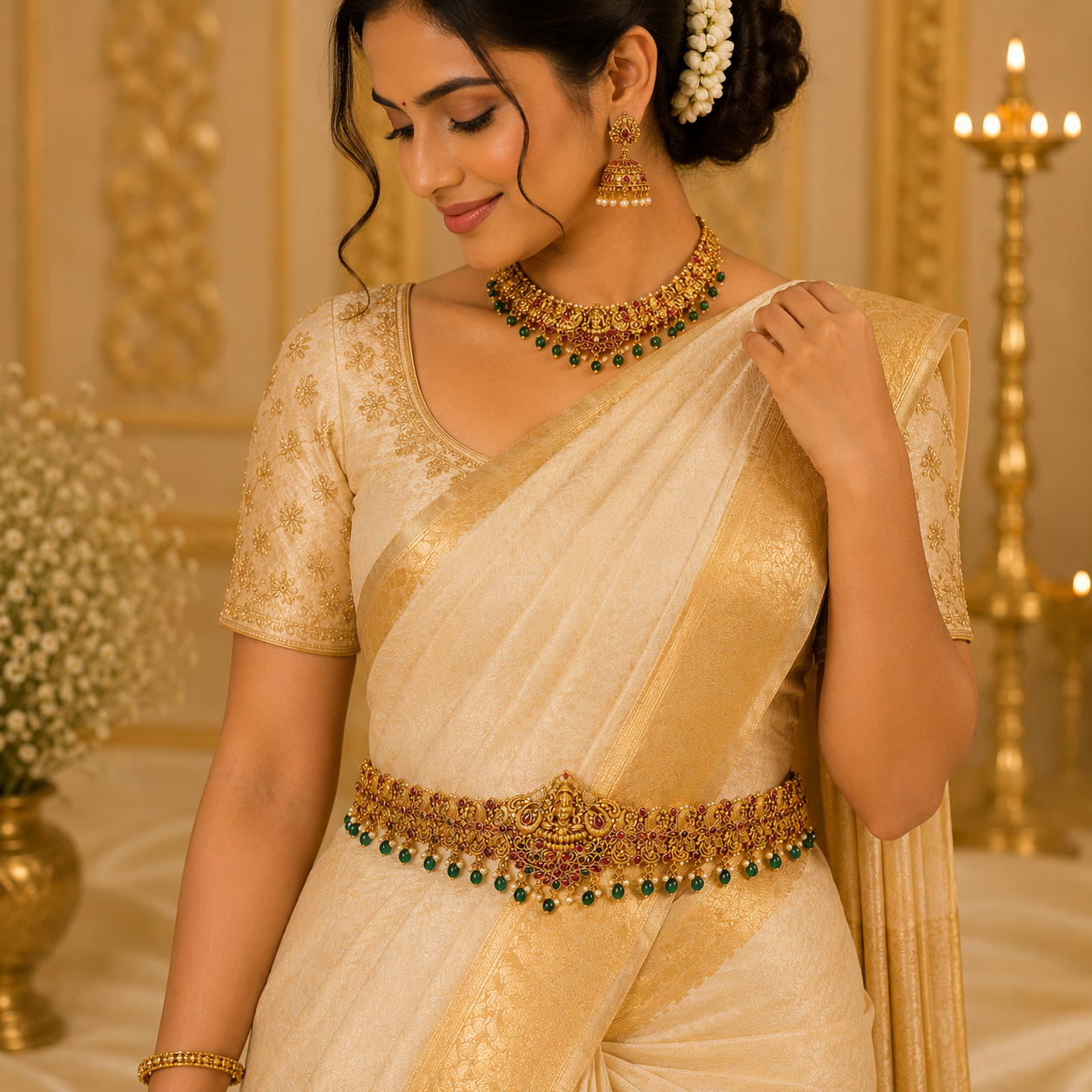 Antique Lakshmi with peacock green beads hipbelt