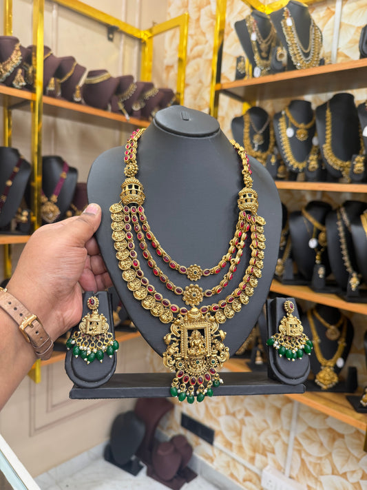 Exclusive 3 Layer antique Lakshmi Haram with green beads