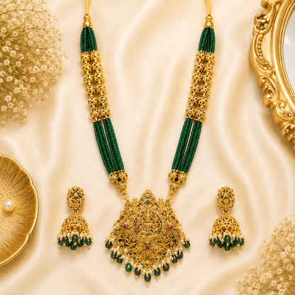 Green Beads Muthu Mala with 3D Lakshmi Pendant