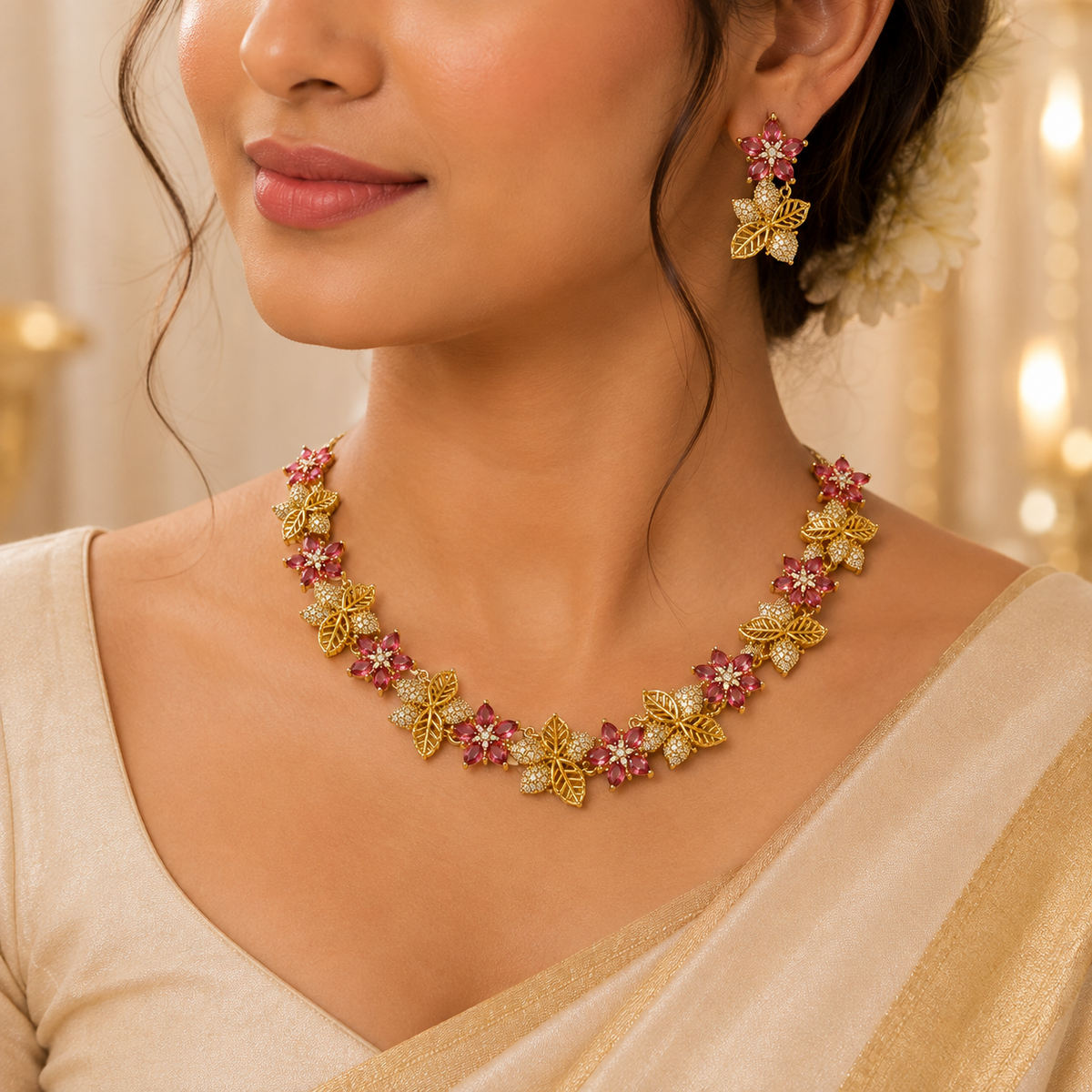 Elegant Ruby Spark Floral Necklace