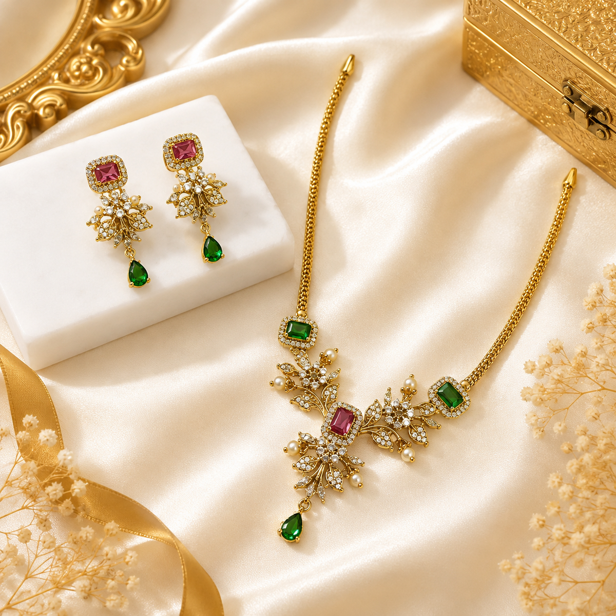 Emerald & Ruby Floral Necklace