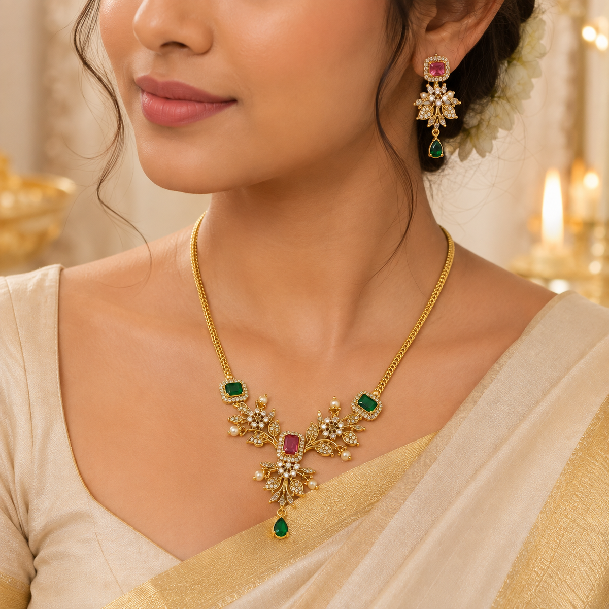 Emerald & Ruby Floral Necklace