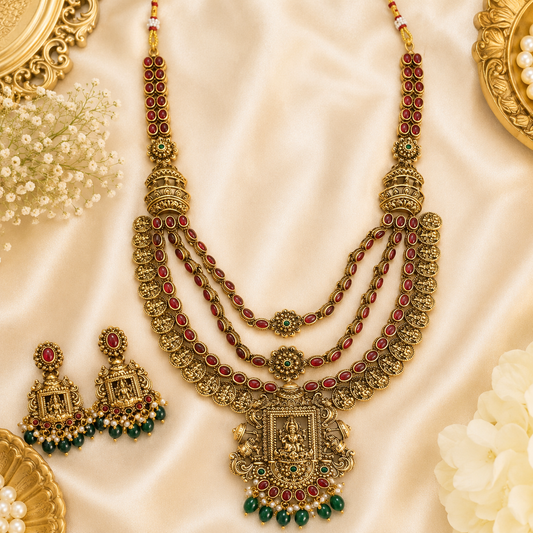 Exclusive 3 Layer antique Lakshmi Haram with green beads