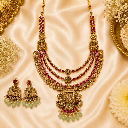 Exclusive 3 Layer antique Lakshmi Haram with pastel green beads