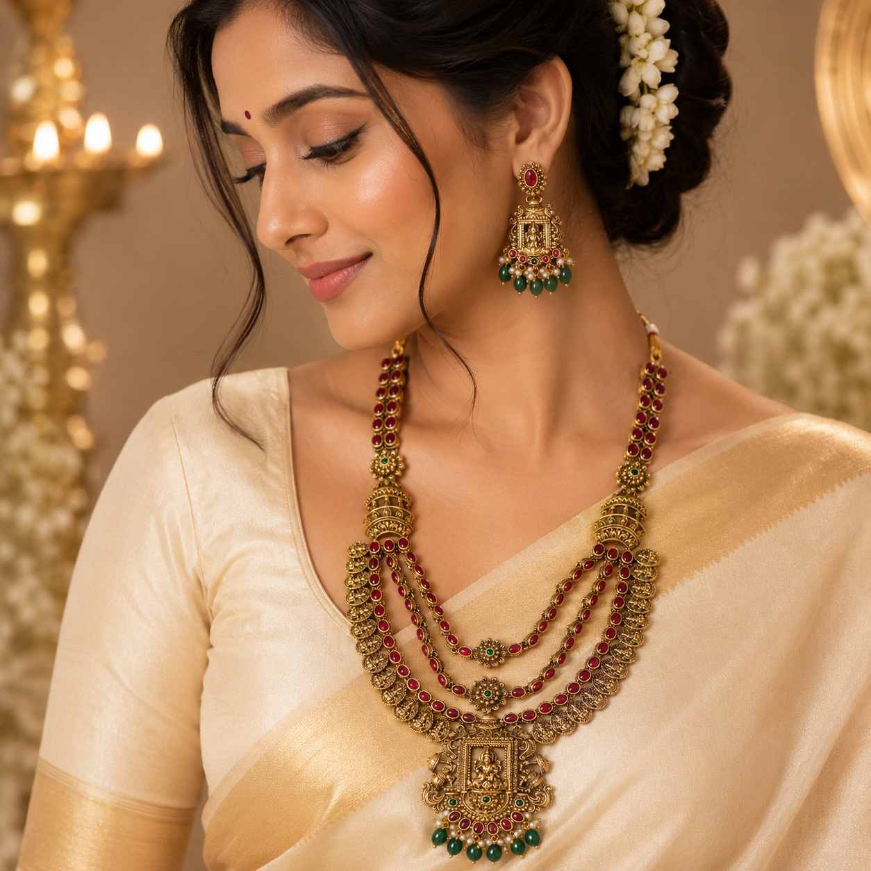 Exclusive 3 Layer antique Lakshmi Haram with green beads