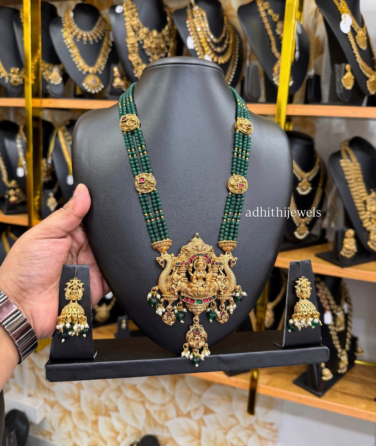 Matte finish Green Beads Peacock & Lakshmi Pendant Haram