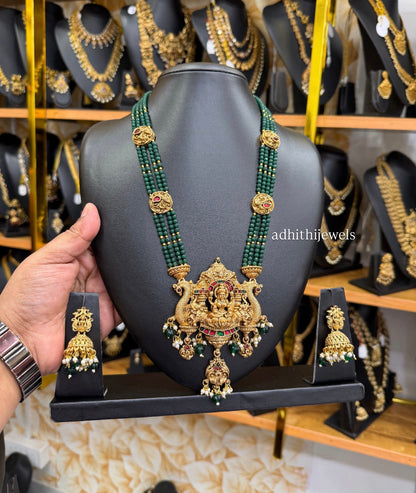 Matte finish Green Beads Peacock & Lakshmi Pendant Haram