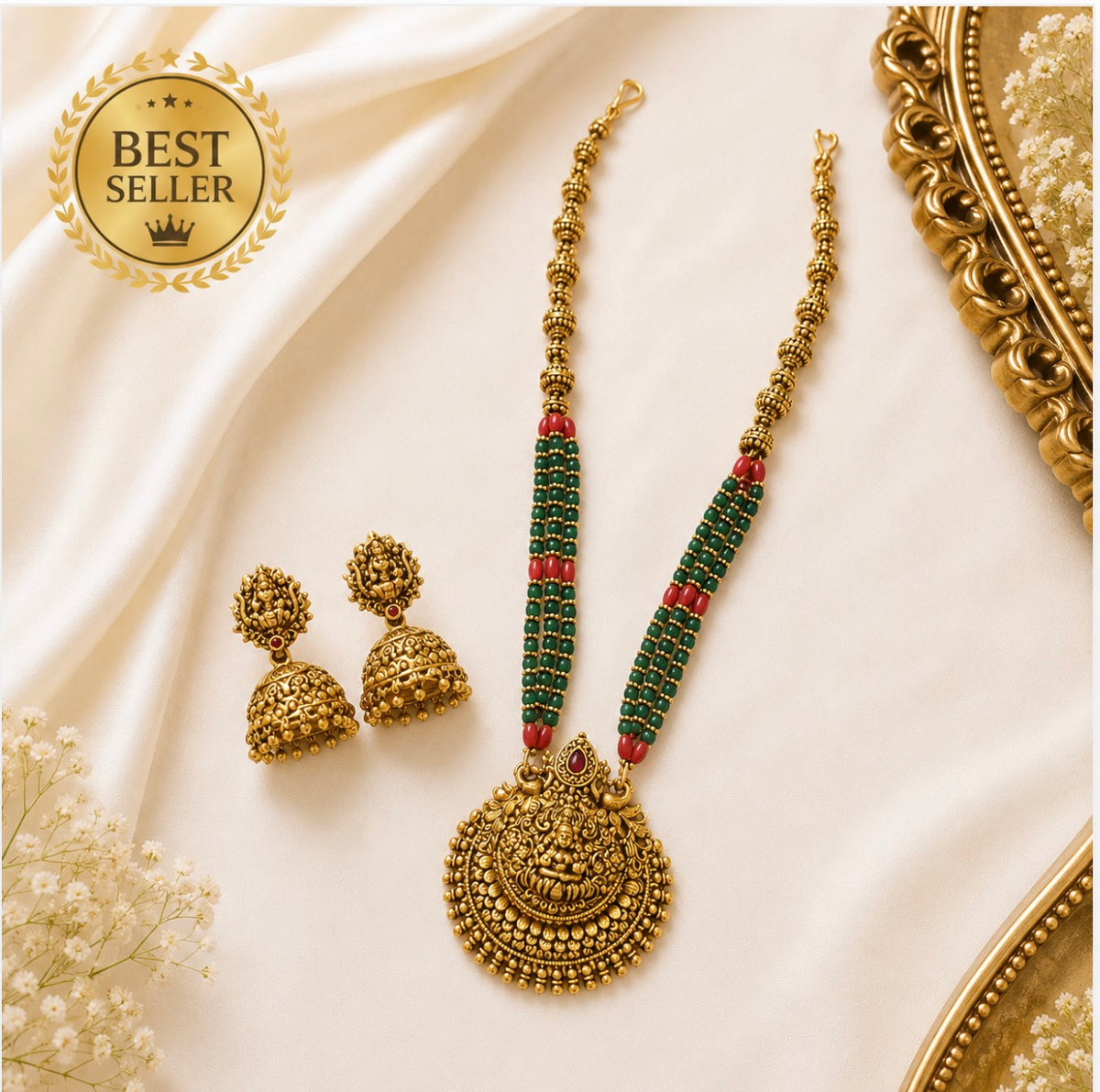 Beads coral Mala with Lakshmi pendant