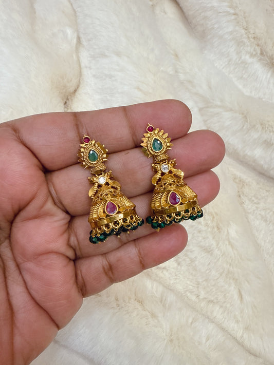 Gold finish green beads jumka