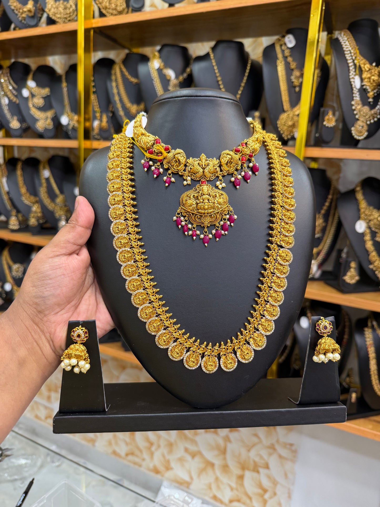 Coral red beads necklace with traditional kaasu haram combo set