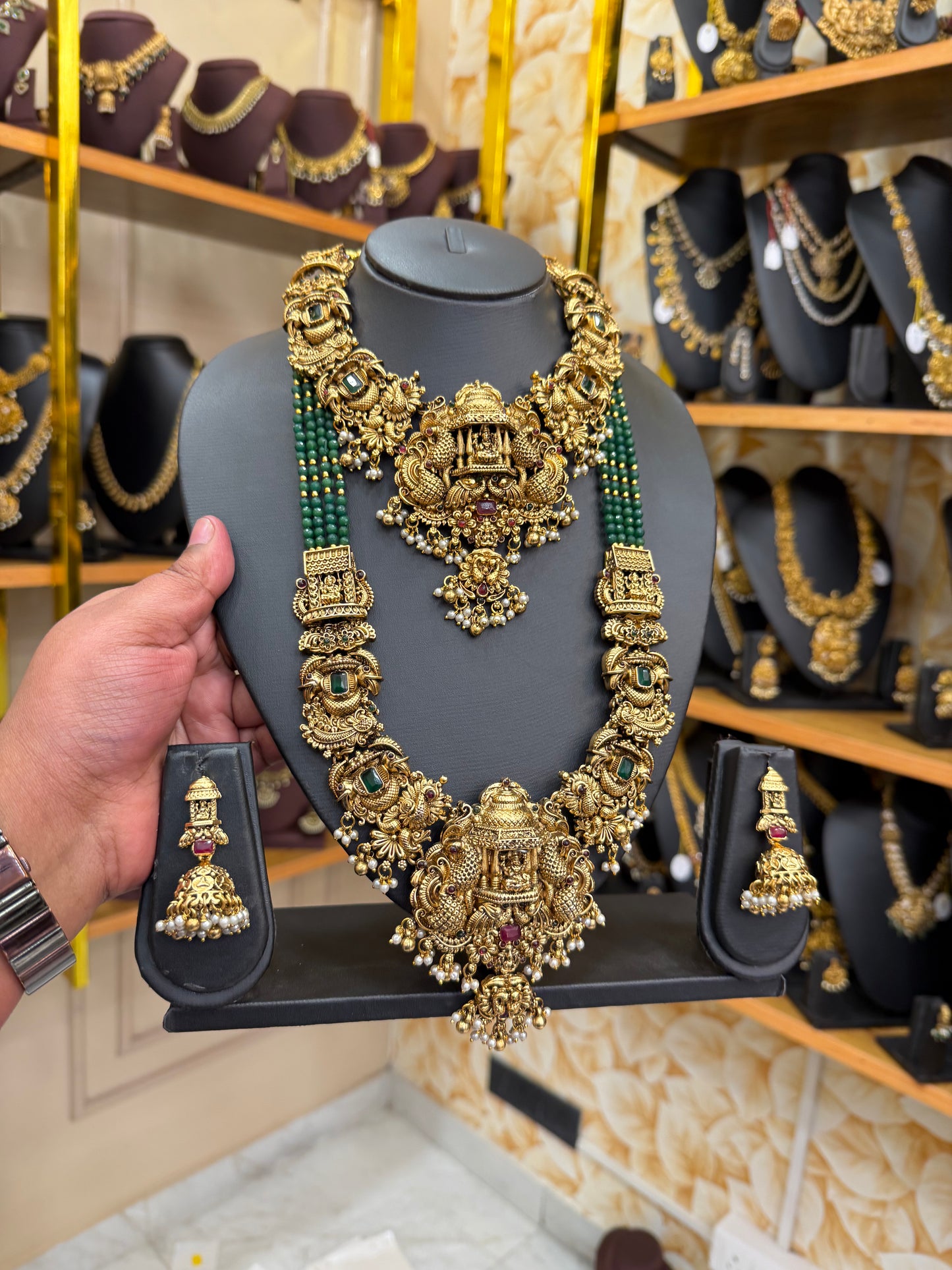 Stunning 3D Lakshmi combo set with green beads