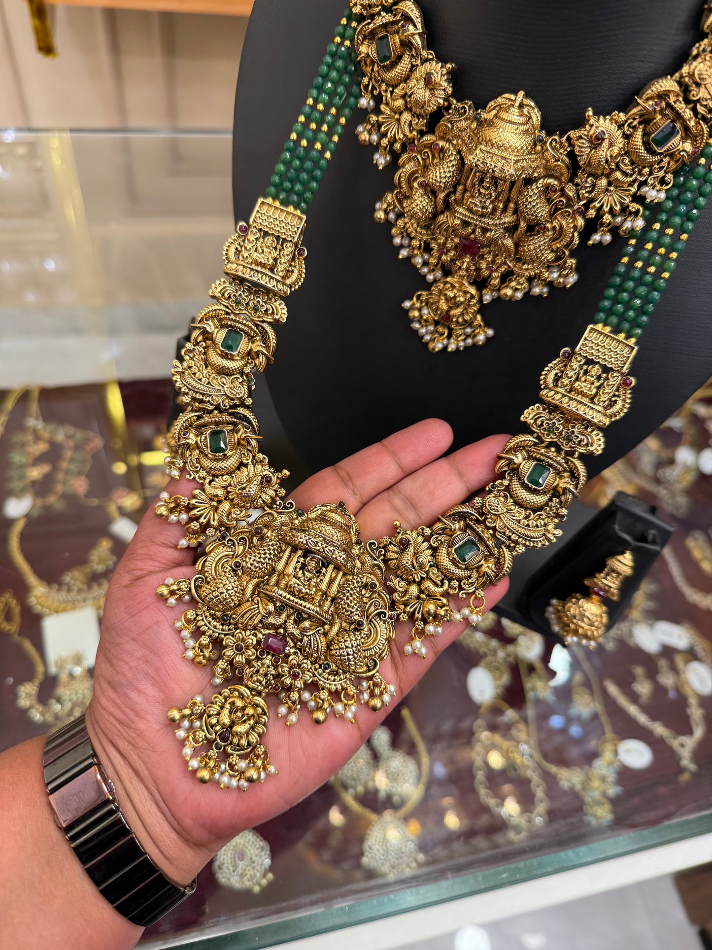 Stunning 3D Lakshmi combo set with green beads