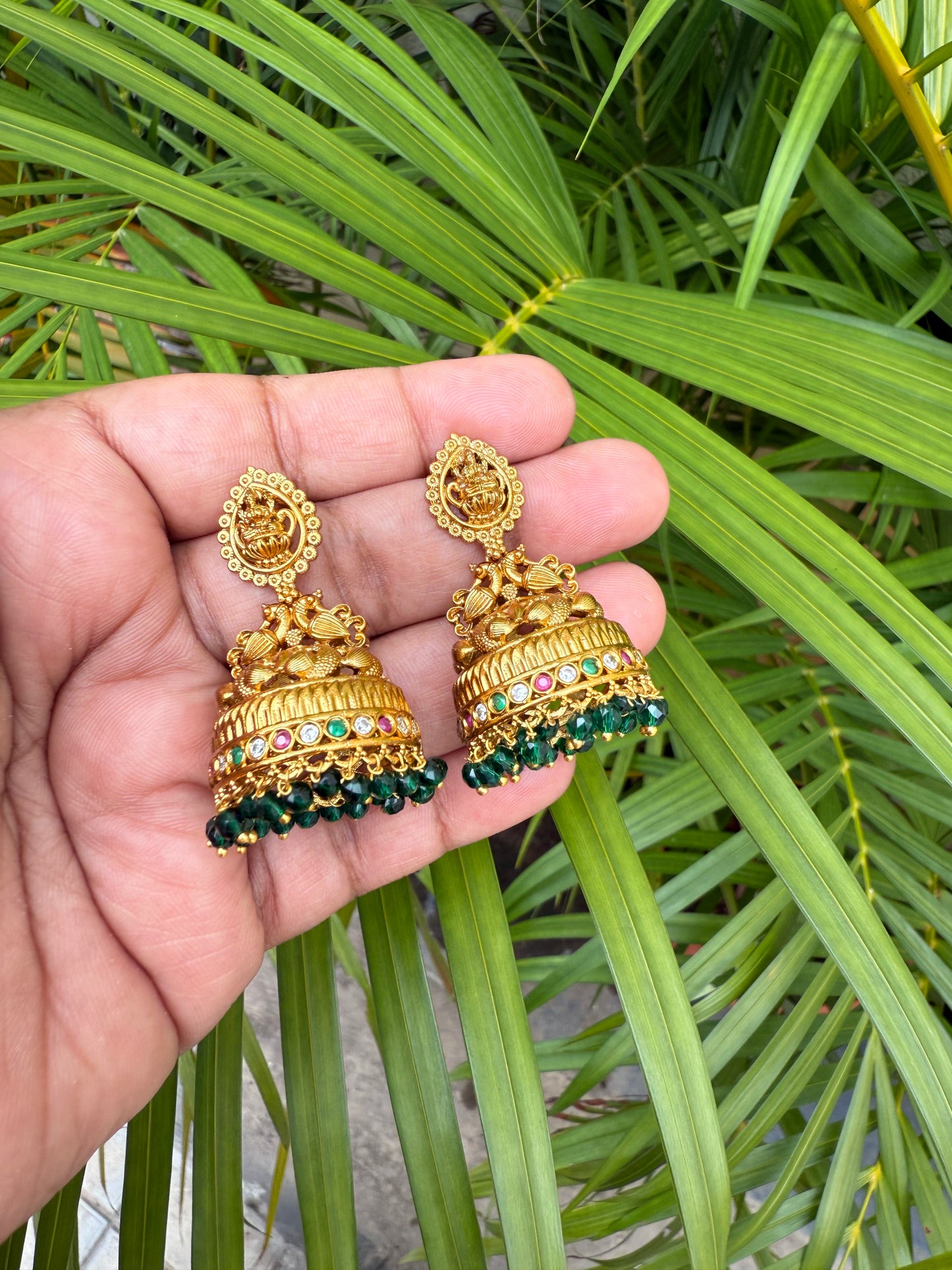 Heavy Lakshmi green beads jumka