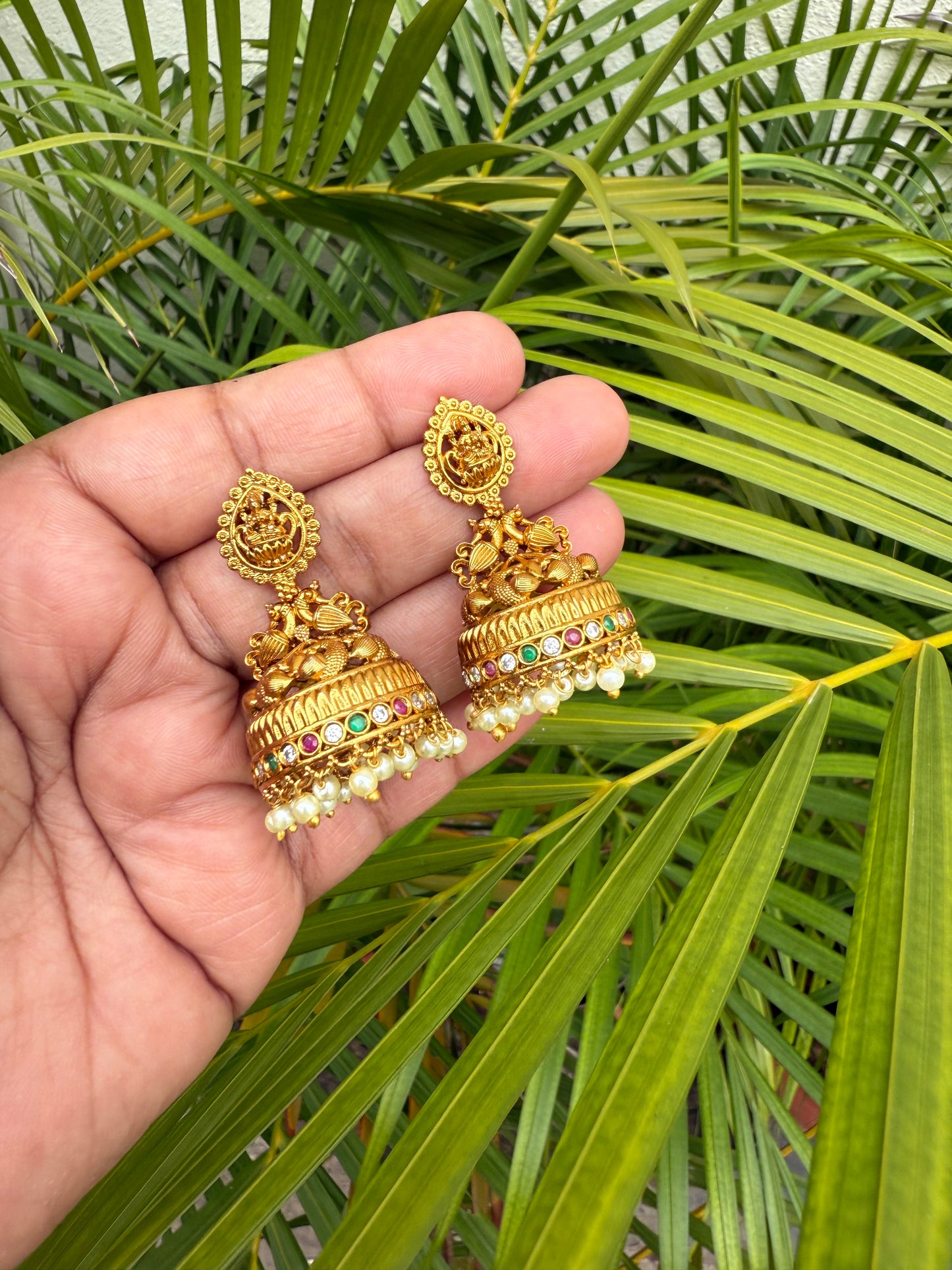 Heavy Lakshmi white pearls jumka