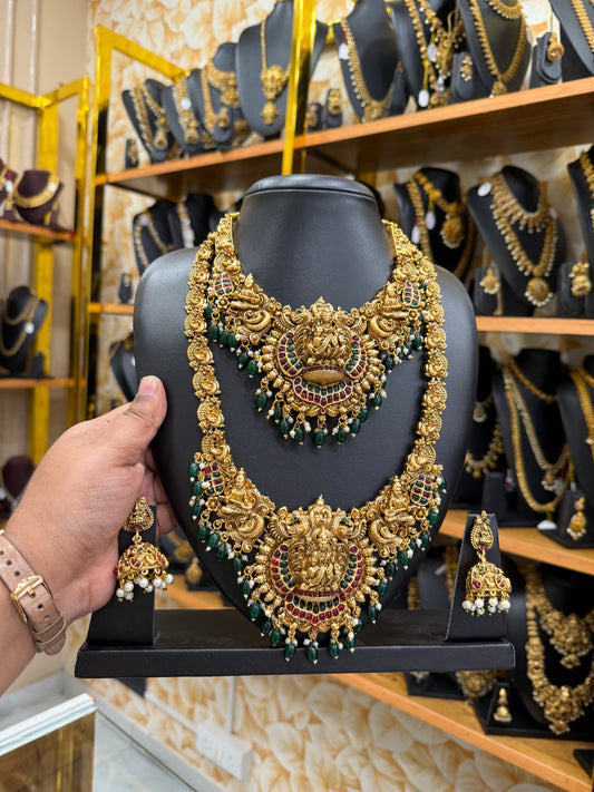 3D green beads Lakshmi bridal combo set