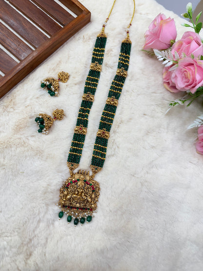 Elegant green beads Gajalakshmi haram with jumka