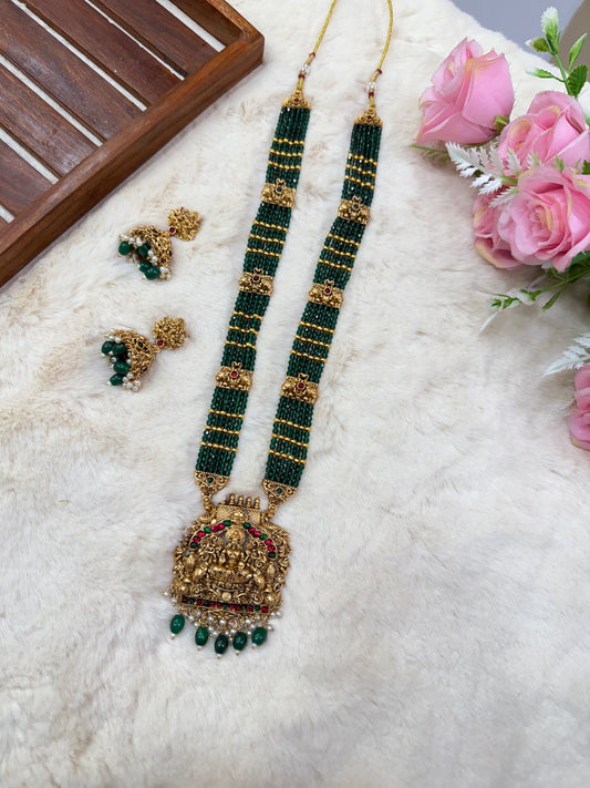 Elegant green beads Gajalakshmi haram with jumka