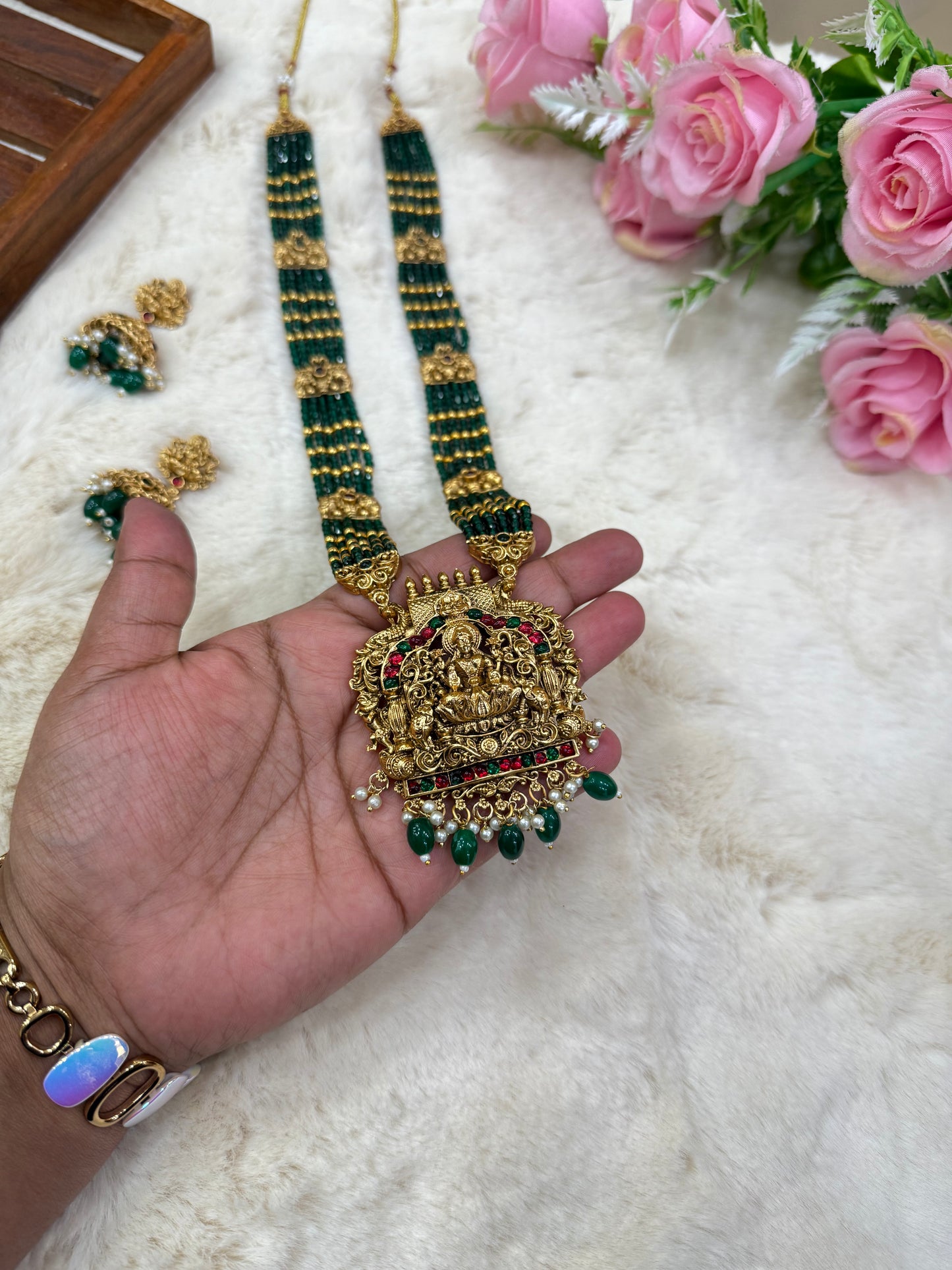 Elegant green beads Gajalakshmi haram with jumka