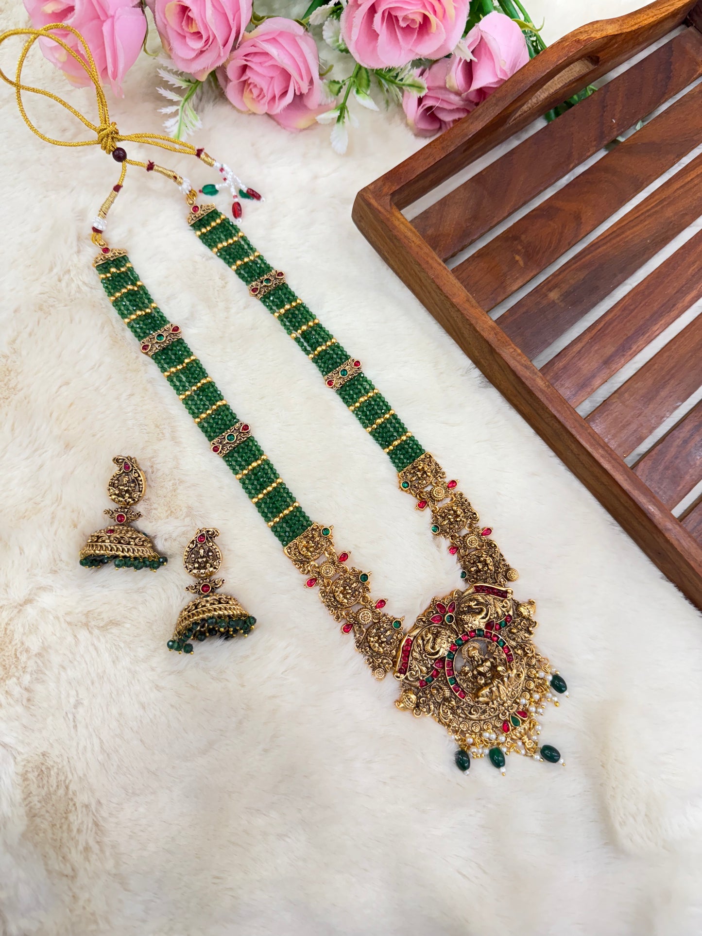 Trending Lakshmi green beads haram with jumka