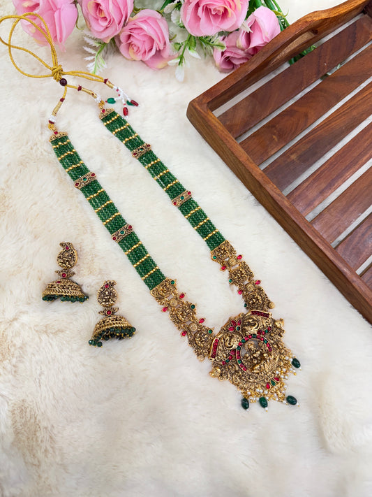 Trending Lakshmi green beads haram with jumka
