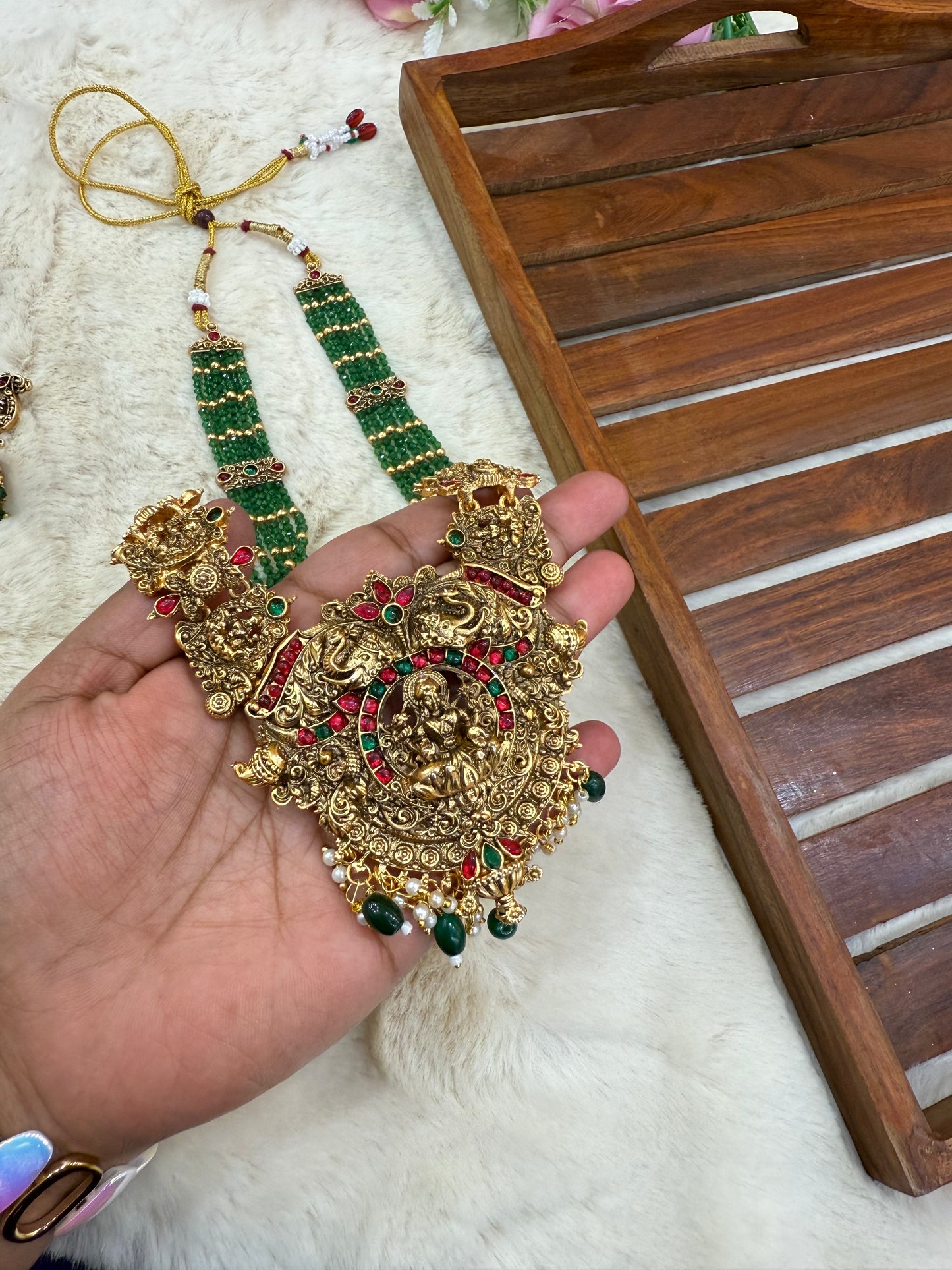 Trending Lakshmi green beads haram with jumka