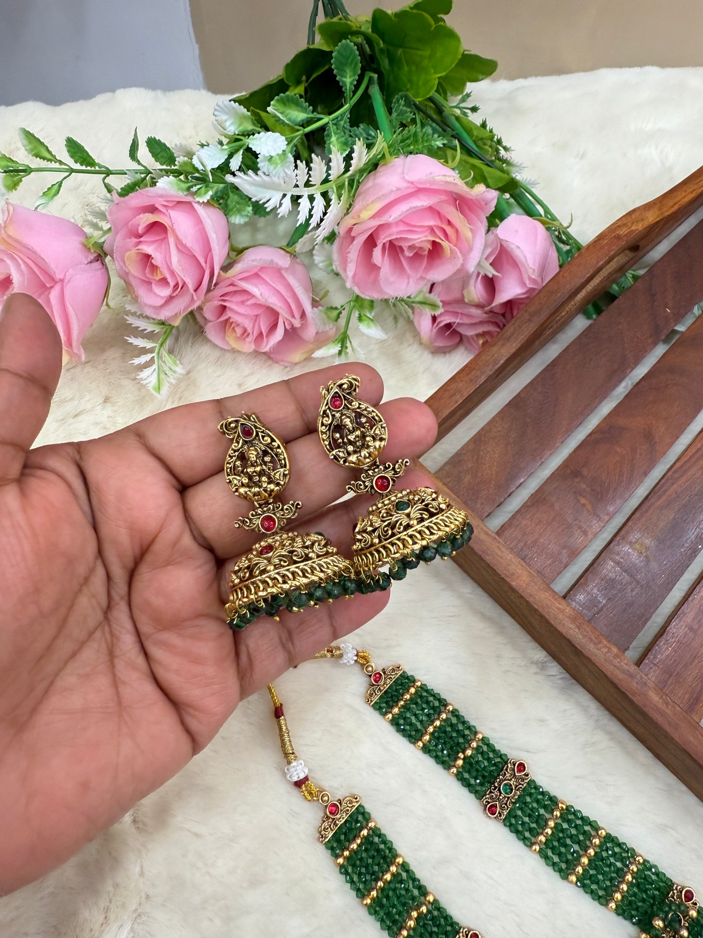 Trending Lakshmi green beads haram with jumka