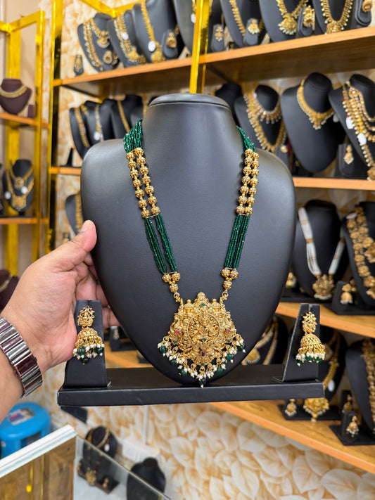Green Beads Muthu mala with 3D Lakshmi pendant