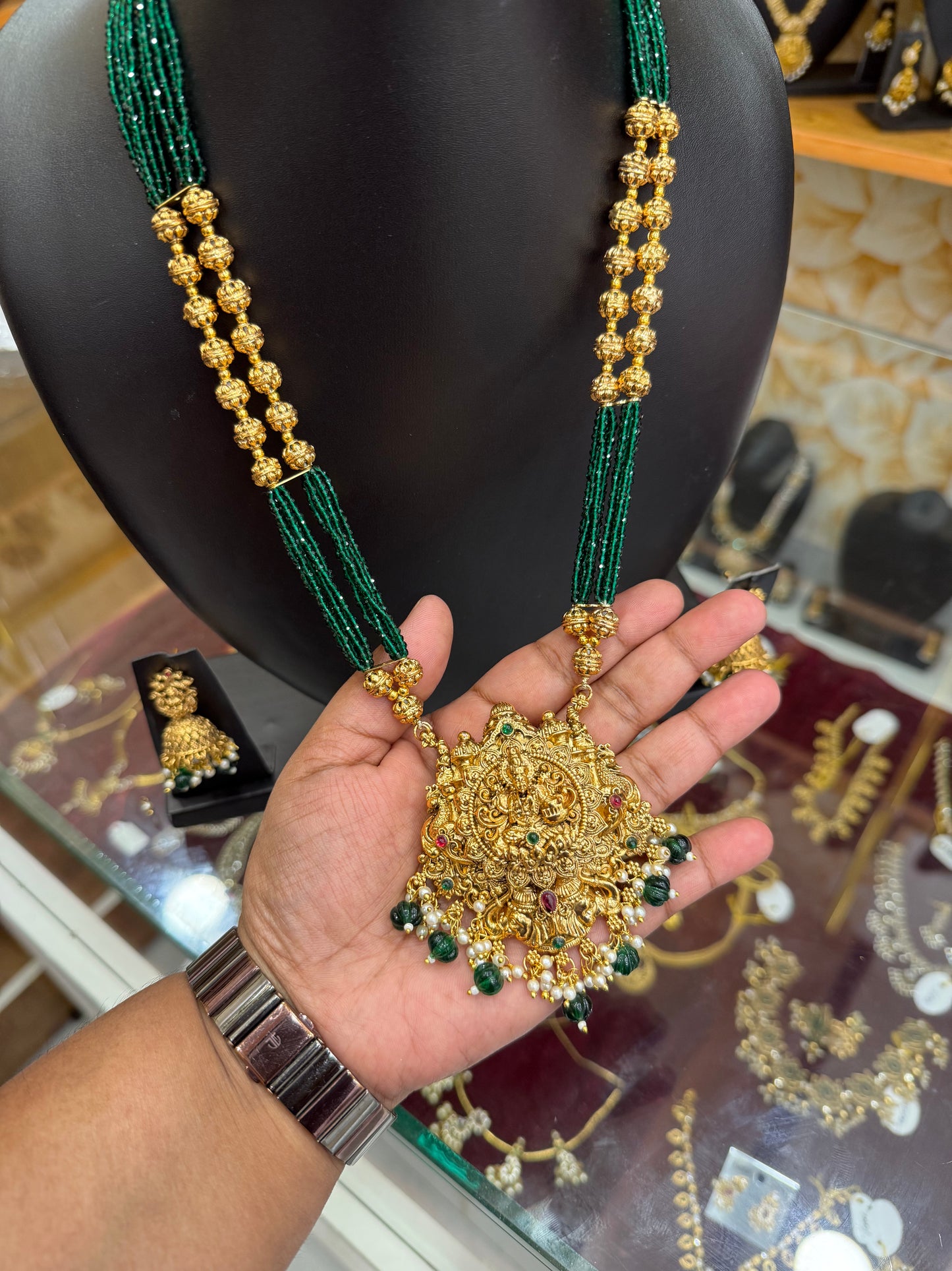 Green Beads Muthu mala with 3D Lakshmi pendant