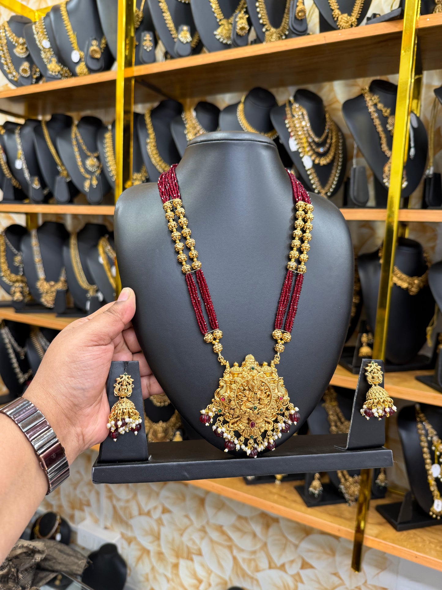 Red beads with Golden Muthu mala with 3D Lakshmi pendant