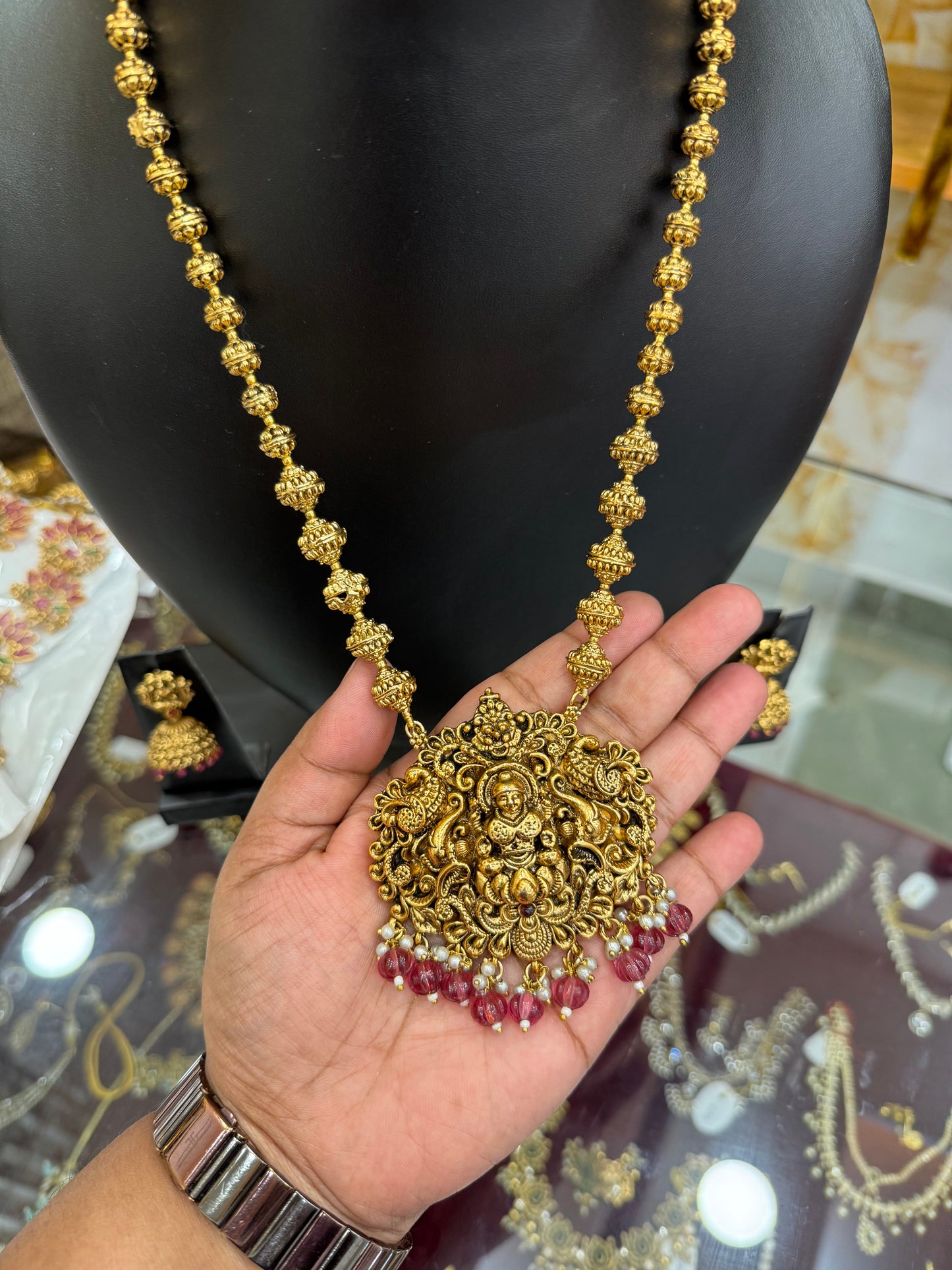 Trendy 3D Lakshmi Muthu mala with Red beads