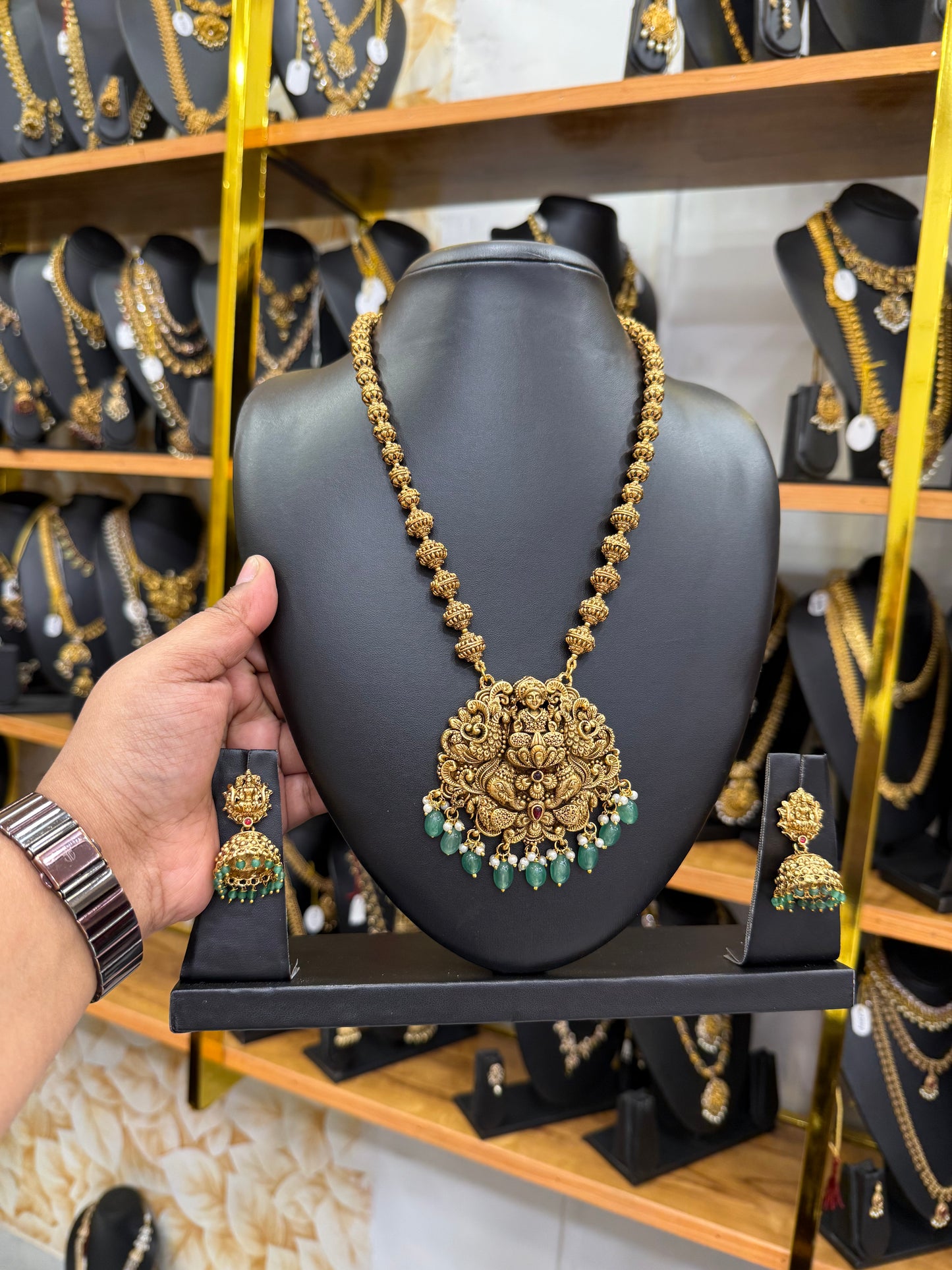 Trendy 3D Lakshmi Muthu mala with Pastel green beads