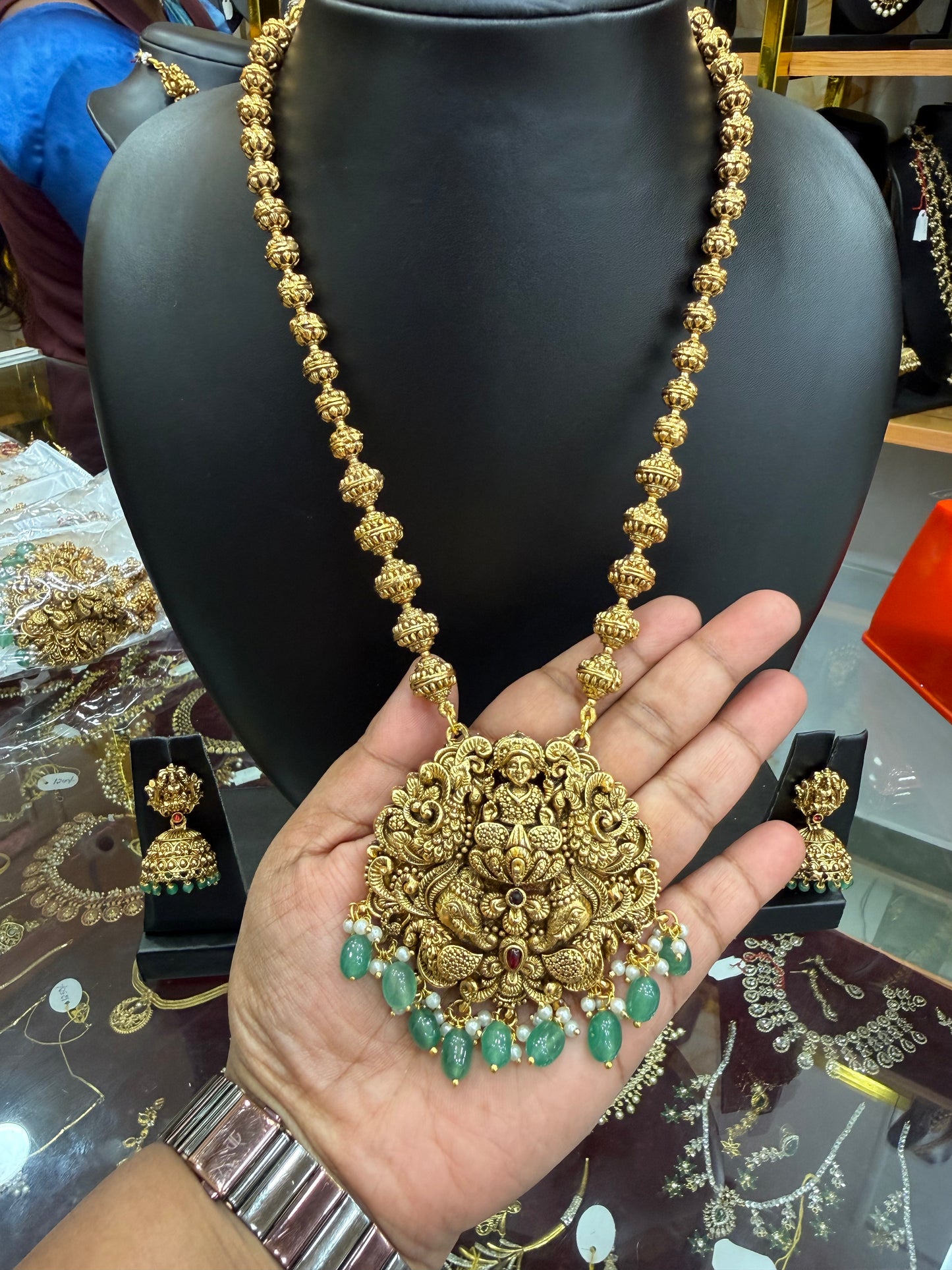 Trendy 3D Lakshmi Muthu mala with Pastel green beads