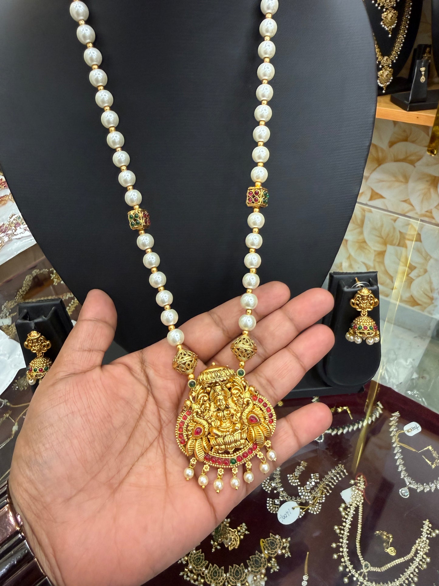 White Pearl Mala with Lakshmi pendant